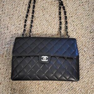 Chanel Flap Jumbo Shoulder Bag vintage 2000s black Silver Straps Made in France